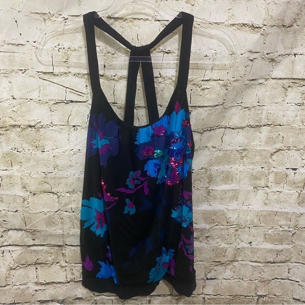 Express Black Blue Sequined Floral Tank Top Y2k 90’s